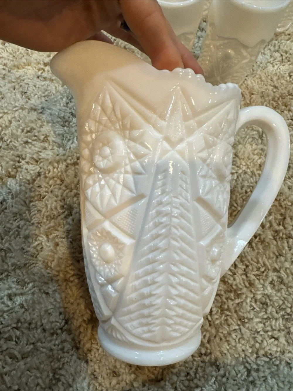 White Milk Glass Pitcher and Tumbler Set - Elegant Embossed Pattern